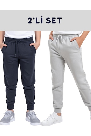 Fyk Kids 2'lü Düz Baskısız Jogger Çift Cepli Çocuk Eşofman Altı Füme - Gri