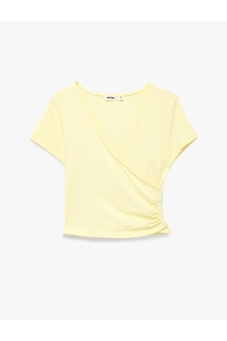 Koton Pamuklu Slim Fit Drapeli Kısa Kollu V Yaka Kruvaze Tişört Sarı 6sak50553ek