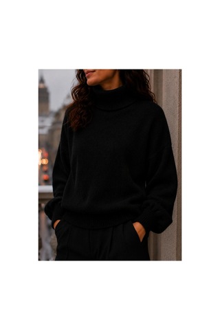 Hira Life Fashion Sfg Life Moda Kadın Balıkçı Yaka Tüylü Şardonlu Oversize Kazak Siyah Siyah