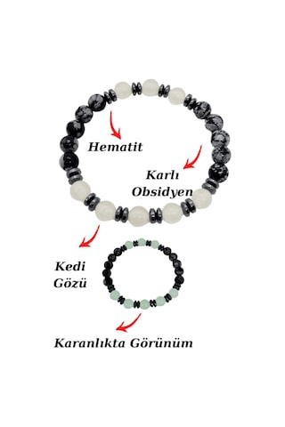 Gümüştel El Sanatları Sertifikalı Karlı Obsidyen Kedi Gözü Hematit Doğal Taş Bileklik Karanlıkta Işık Saçar Çok Renkli