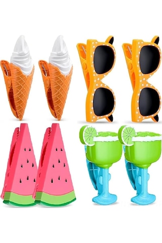 Hfambition 8 Adet Renkli Plastik Plaj Havlusu Klipsi - Güneş Gözlüğü, Meyve Suyu Bardağı, Dondurma Ve Karpuz Desenleri