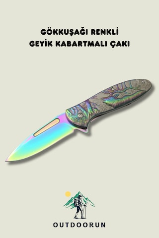 Gökkuşağı Renkli Geyik Kabartmalı Kamp Çakı Gökkuşağı
