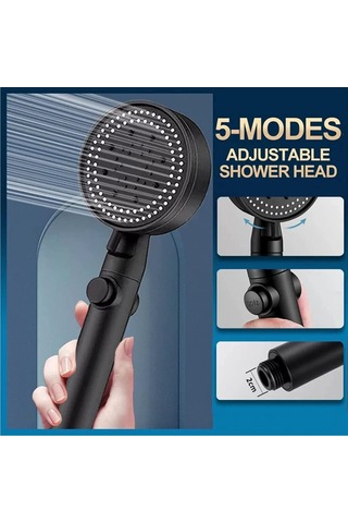 Mufunye Siyah 5 Modlu Basınçlı Duş Başlığı - Abs Plastik + Silikon Damla, Kolay Kurulum, Uluslararası Standart G1/2 Bağlantı Siyah
