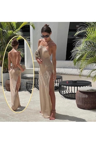 Örme Transparan Maxi Yırtmaçlı Bodycon Zarif Plaj Elbisesi Bej