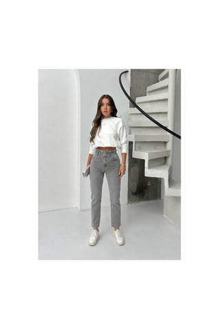 Bluemarlin Gri Çift Düğme Kemer Büzgülü Kot Mom Jeans Gri