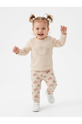HelloBaby Pamuklu Kelebek Detaylı Taytlı 2li Kız Bebek Takım Krem