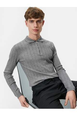 Koton Polo Yaka Kazak Yarım Fermuarlı Slim Fit Dokulu Gri 4wam70125ht Gri