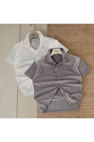 Fifty Color Alaçatı Stili Erkek Fitilli Ottoman Hava Alan Kumaş Polo Yaka T-shirt 2li Renk Beyaz - Gri