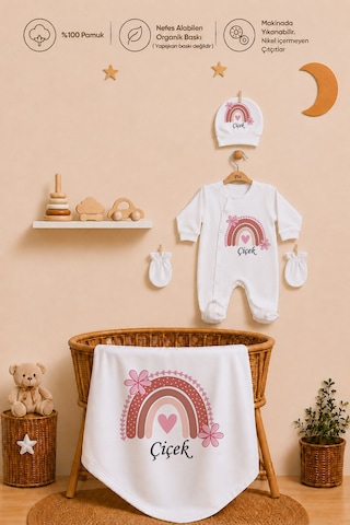 Pia Baby Kız Bebek Hastane Çıkışı Seti 4 Parça %100 Pamuk İsimli Organik Baskılı Battaniyeli Tulum Seti 1003btyx Ekru