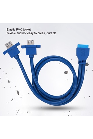 Vkemall Mavi Usb3.0 19pin'den 2af'a Veri Kablosu 0.8m, Vitesli Delikli, 5gbps Hızlı Aktarım, Esnek Pvc, Dayanıklı