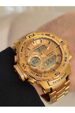 Quamer Erkek Kol Saati Analog Ve Digital Metal Sarı Kordonlu 2177 Sarı