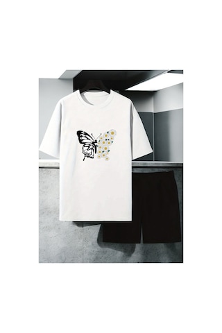 Uyguntarz Unisex Papatya Kelebek Tasarım Basklı Tshirt Şort Takımı Beyaz
