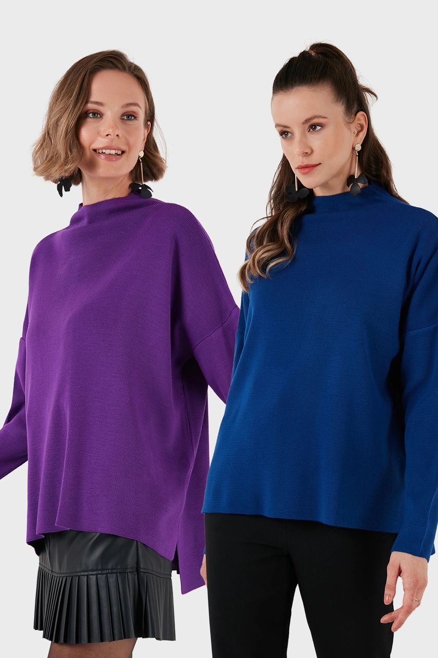 Lela Pamuklu Arkası Uzun Dik Yaka 2'Li Paket Triko Bayan Kazak 4615002S2 Mürekkep-Mor