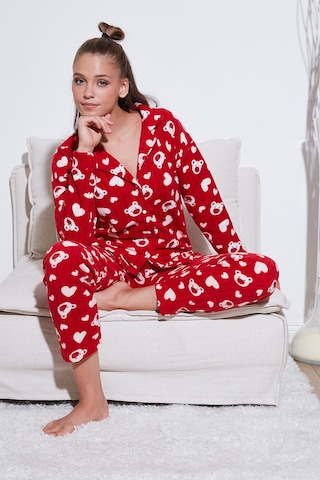 Lela Standart Fit Düğmeli Polarlı Bayan Pijama Takımı 6095617 Kırmızı