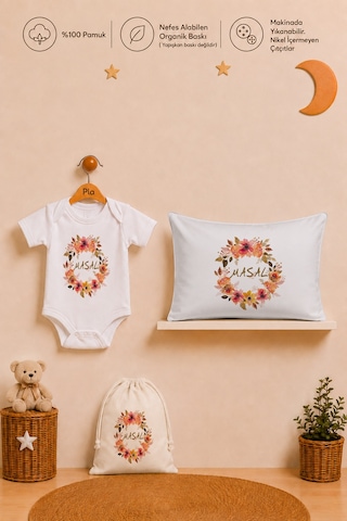Pia Baby Kız Bebek İsme Özel Hediye Seti %100 Pamuk Body Yastık Kılıfı Ve Ham Bez Bebek Kıyafet Kesesi 2077bykyx Ekru