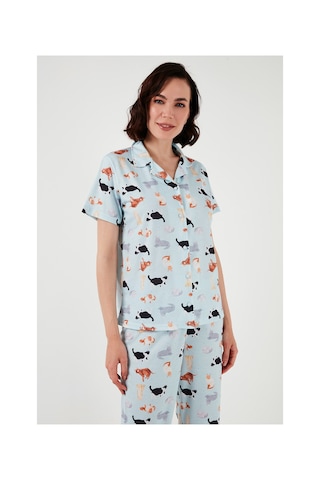 Lela Desenli Kısa Kollu Beli Lastikli Gömlek Yaka Dokuma Regular Fit Bayan Pijama Takımı 6571010 Mint