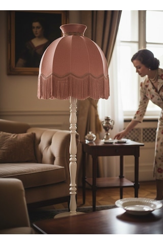 Pembe Kadife Başlık Beyaz Ahşap Ayaklı Taçlı Lambader Vintage Model 50x170cm