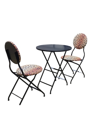Katlanabilir Leopar Desenli Siyah Metal Masa Ve Sandalye Takımı -
