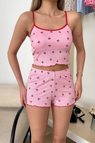 Giysa Kadın Askılı Kaplı Kiraz Desenli Şortlu Pijama Takımı Pembe - 3403