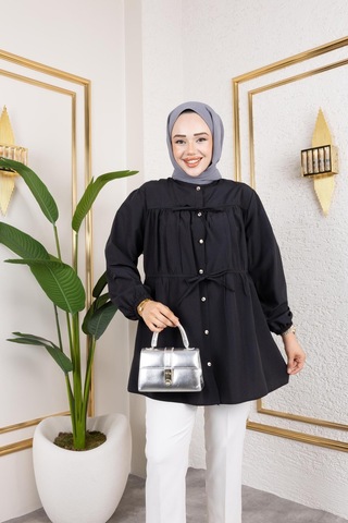 Harman Butik Kadın Düğmeli Bağlamalı Siyah Gömlek Siyah Siyah