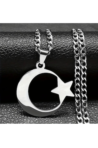 Ay Yıldız Türk Bayrağı Paslanmaz Çelik Kalın Zincirli Kolye 65cm Silver