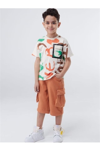 Escabel Erkek Çocuk Pamuklu Batik Desenli Yarım Kol Tshirt-12831-bej Bej