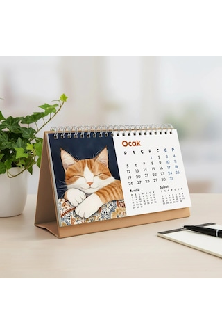 2027 Kedili Masa Takvimi Üç Aylık Takvim - Önceki Ay Sonraki Ay Kedi Severlere Hediye