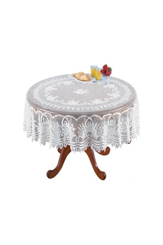 Ximistore9 Vintage Çiçek Desenli Yuvarlak Dantel Masa Örtüsü - 180x180cm Beyaz, Dekoratif Kullanım Beyaz