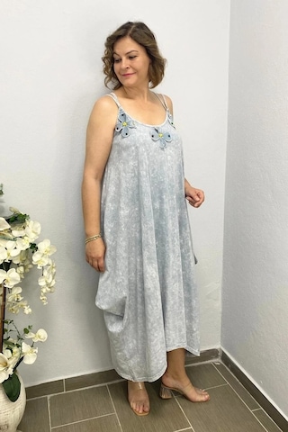 Mia Butik Büyük Beden Gri Pamuklu Şalvar Kesim Çiçekli Elbise Gri