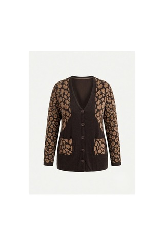 Onno Style Women Simli Leopar Desen Klasik Düğmeli Ceket Kahverengi