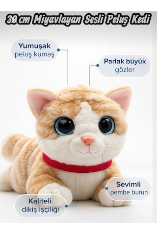 Sevimli Kedi Peluş Yavru Kedi Sesli Miyavlayan Peluş Kedi Uyku Arkadaşı 30 Cm Bej