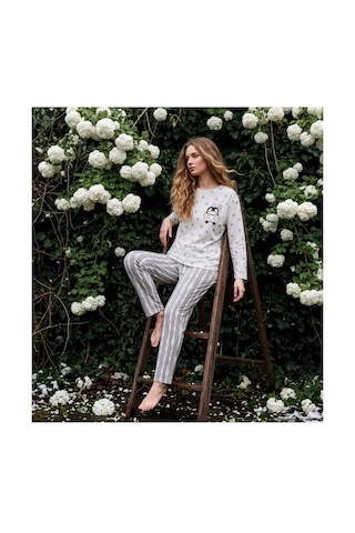 Pijamoni Kadın Sofya Kumaş Bisiklet Yaka Pijama Takımı Desenli Beyaz