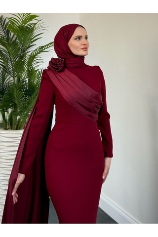 Pelerinli Abiye Bordo