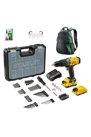 Stanley SCD718 D2KA-TR Çift Akülü Darbeli Vidalama + 100 Adet Aksesuar Seti + Sırt Çantası + Gözlük + Yapıştırıcı
