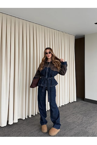 Laluvia Lacivert - Kahve Bağlamalı Ceket Pantolon Denim Takım - 0836 Lacivert