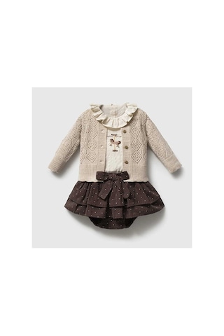 Ministok Charlotte Carousel Nakışlı Triko Hırka, Blüz, Şortlu 3'lü Kız Beb Bej