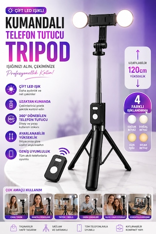 Mpıa Kumandalı Çift Led Işıklı Telefon Tutucu Tripod 360 Döner Ayarlanabilir Uzunluk Selfie Video Standı Siyah