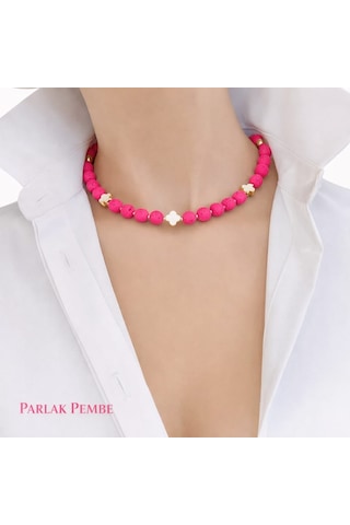 Luna Yonca Detaylı Lav Taşı Choker Doğal Taş Kolye Pembe