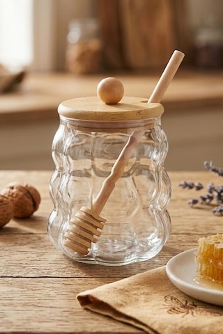 Borosilikat Cam Bal Kavanozu, Bambu Kapak 350ml Şeffaf