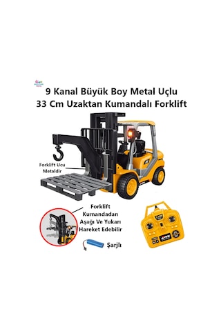 9 Fonksiyon Büyük Boy 33 Cm Metal Kancalı Uzaktan Kumandalı Forklift Oyuncak İş Makinesi 9 Kanal Forklift