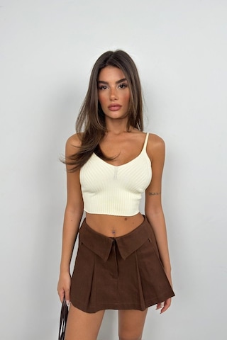 Ge Ticaret V Yaka Crop Bluz Ekru