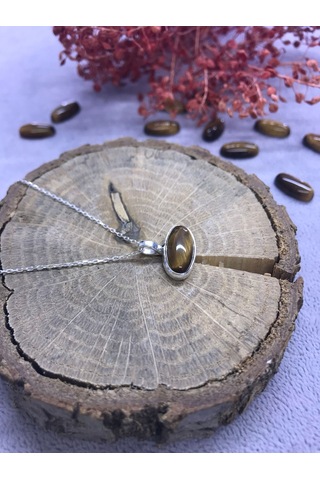 Kaplan Gözü Taşı Gümüş Kolye 925 Ayar Doğal Taş