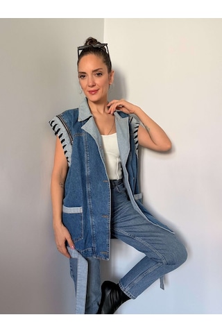 Ali Butik Mavi Oversize Tasarım Denim Yelek Mavi