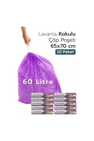 10 Paket Büyük Boy 65x70 Lavanta Kokulu Büzgülü Çöp Poşeti 100 Adet Çöp Torbası 60 Litre
