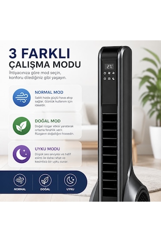 Turbo Akıllı Fan 70w Uzaktan Kumandalı Kule Vantilatör, Aromaterapi Özellikli, Dokunmatik Led Ekranlı, 3 Hız Kademeli, 3 Modlu, 12 Saat Zamanlayıcılı, Sessiz Çalışma, Salınımlı Fan