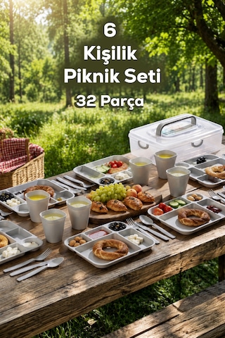 Porsima Ac-101-1 32 Parça 6 Kişilik Pratik Taşınabilir Piknik Seti - Saklama Kutulu Piknik Sepeti Gri
