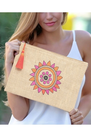 Ju Yaratıcı Tasarım Hasır Kadın Portföy & Clutch Çanta Turuncu