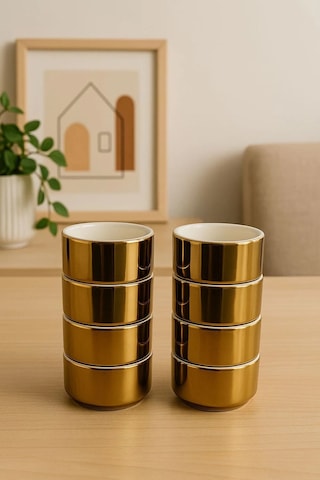 6 Lı Beyaz Porselen Platin Kaplama Sosluk Lokumluk Sunum Kasesi Mini Boy Gold