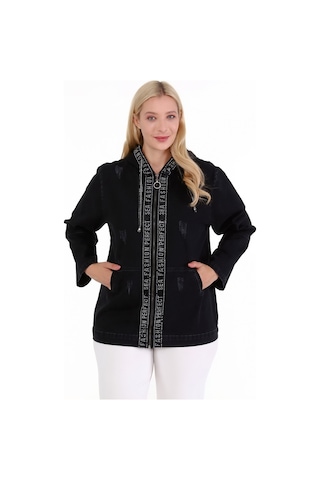 Kadın Kot Mont Büyük Beden Kapüşonlu Taş İşli Siyah