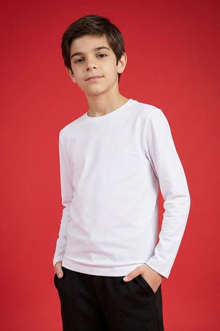 Beyaz O Yaka Standart Fit Basic Uzun Kollu Unisex Çocuk T-shirt - 11329 Beyaz
